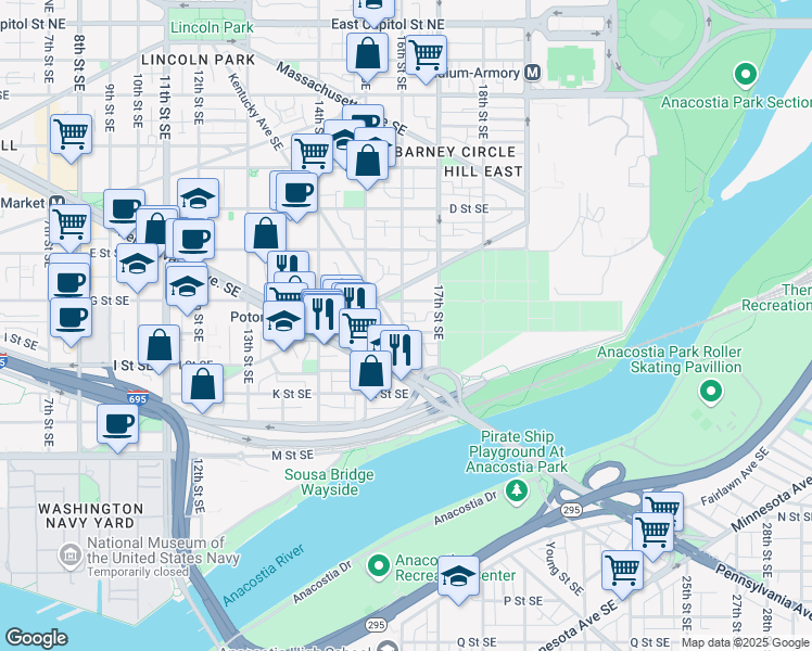 map of restaurants, bars, coffee shops, grocery stores, and more near 101 Independence Avenue Southeast in Washington