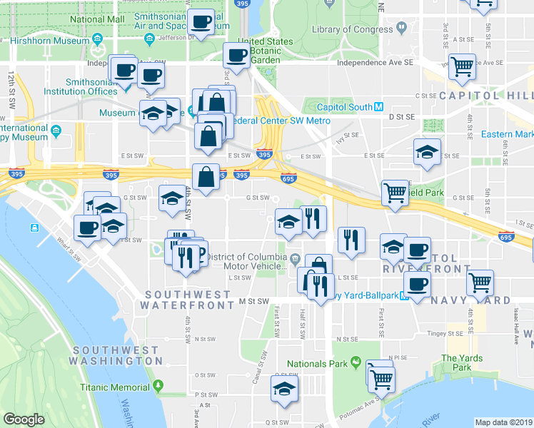 map of restaurants, bars, coffee shops, grocery stores, and more near 101 Independence Avenue Southeast in Washington