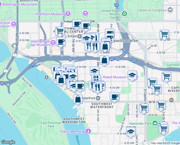 map of restaurants, bars, coffee shops, grocery stores, and more near 101 Independence Avenue Southeast in Washington