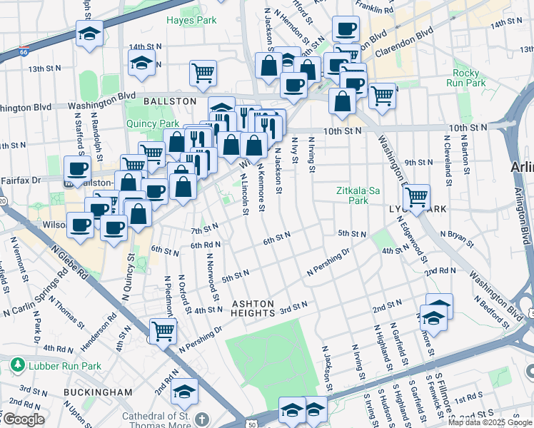 map of restaurants, bars, coffee shops, grocery stores, and more near 633 North Kenmore Street in Arlington