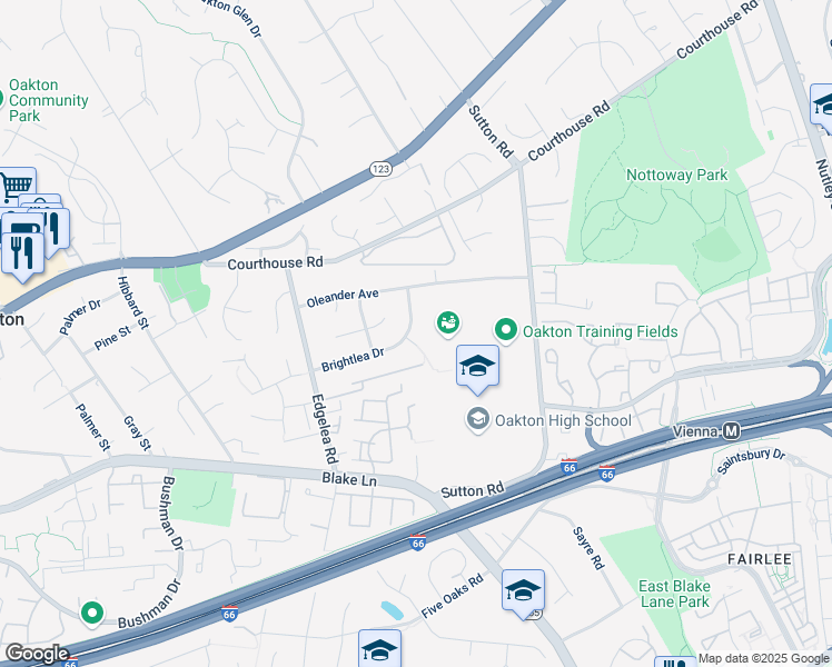 map of restaurants, bars, coffee shops, grocery stores, and more near 9813 Brightlea Drive in Vienna