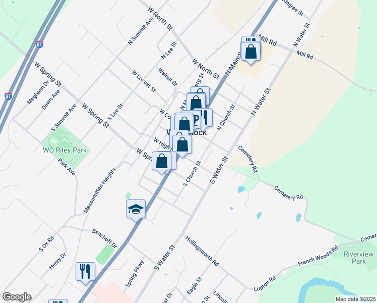map of restaurants, bars, coffee shops, grocery stores, and more near 127 East High Street in Woodstock