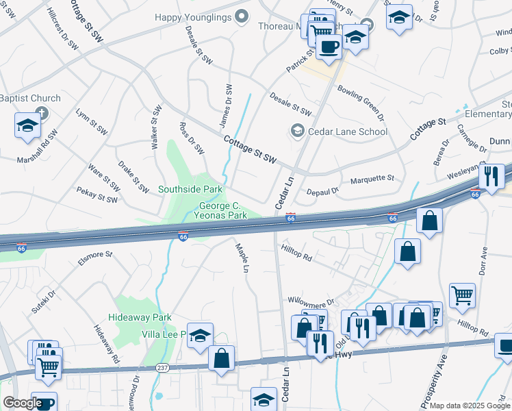 map of restaurants, bars, coffee shops, grocery stores, and more near 1416 Ross Drive Southwest in Vienna