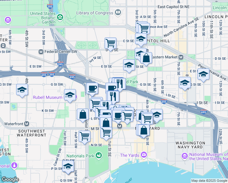 map of restaurants, bars, coffee shops, grocery stores, and more near 80 M Street Southeast in Washington
