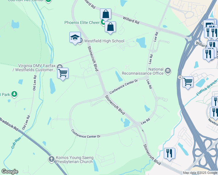 map of restaurants, bars, coffee shops, grocery stores, and more near 4807 Stonecroft Boulevard in Chantilly