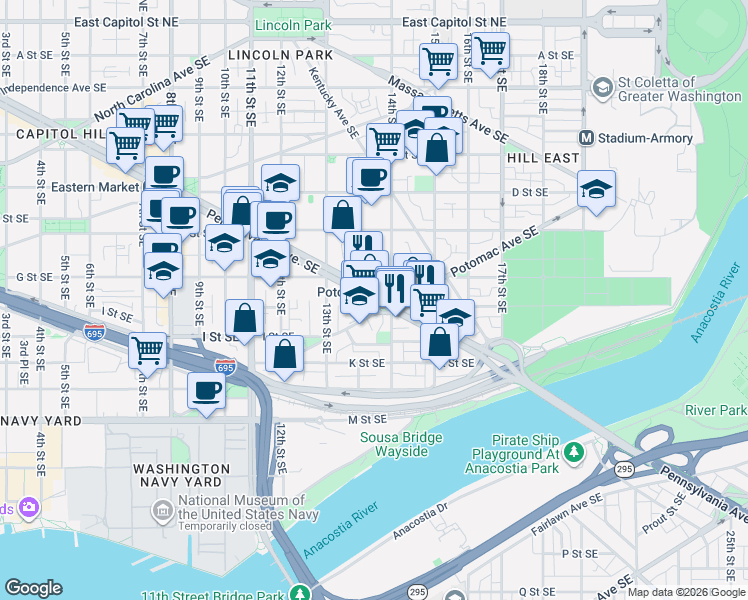 map of restaurants, bars, coffee shops, grocery stores, and more near 101 Independence Avenue Southeast in Washington