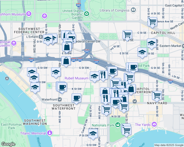 map of restaurants, bars, coffee shops, grocery stores, and more near 734 1st St SW in Washington