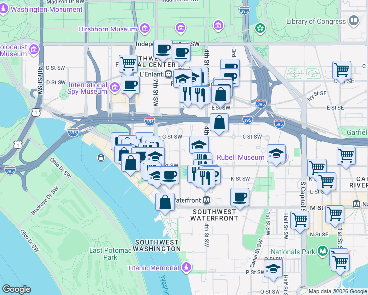 map of restaurants, bars, coffee shops, grocery stores, and more near 101 Independence Avenue Southeast in Washington