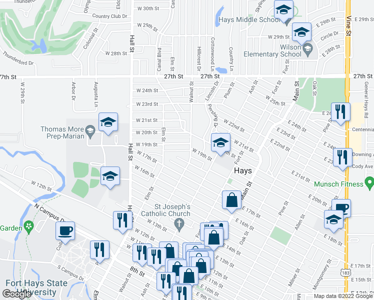 map of restaurants, bars, coffee shops, grocery stores, and more near 1809 Walnut Street in Hays