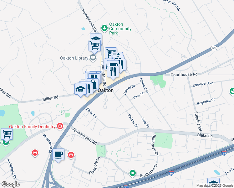 map of restaurants, bars, coffee shops, grocery stores, and more near 10209 Palmer Glen Court in Oakton