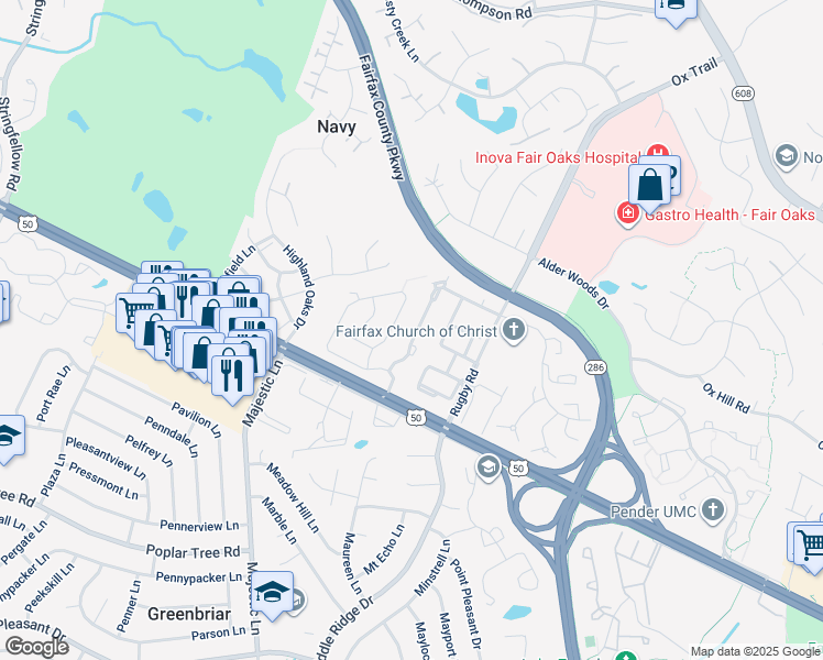 map of restaurants, bars, coffee shops, grocery stores, and more near 3892 Billberry Drive in Fairfax