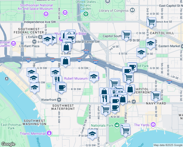 map of restaurants, bars, coffee shops, grocery stores, and more near 734 1st St SW in Washington