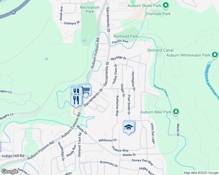map of restaurants, bars, coffee shops, grocery stores, and more near 202 Carolyn Street in Auburn