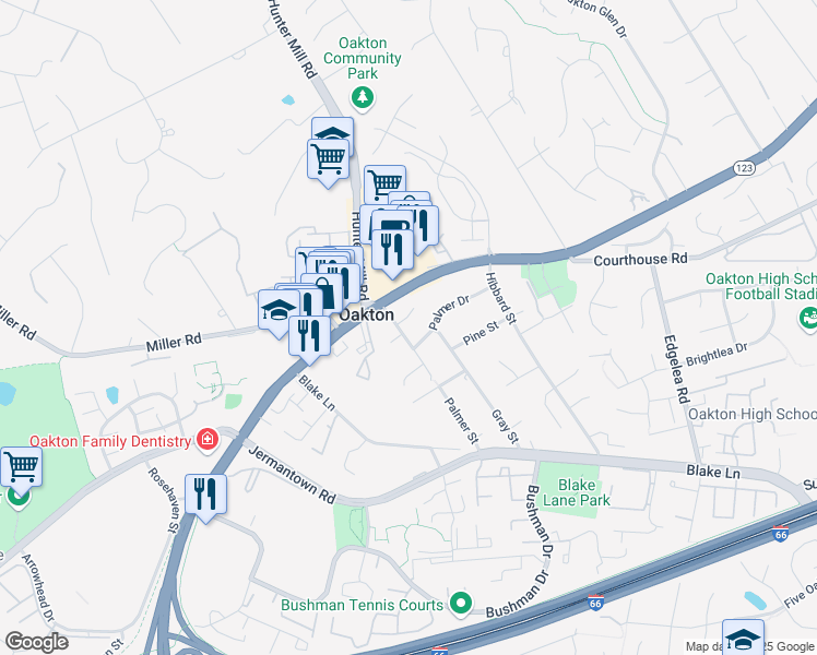 map of restaurants, bars, coffee shops, grocery stores, and more near 10209 Palmer Glen Court in Oakton