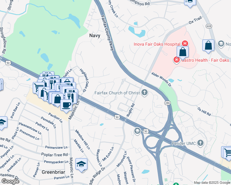 map of restaurants, bars, coffee shops, grocery stores, and more near 3892 Billberry Drive in Fairfax