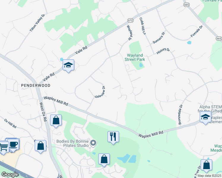 map of restaurants, bars, coffee shops, grocery stores, and more near 3440 Valewood Drive in Oakton