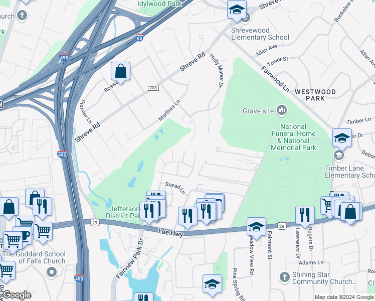map of restaurants, bars, coffee shops, grocery stores, and more near 2757 Blocker Place in Falls Church