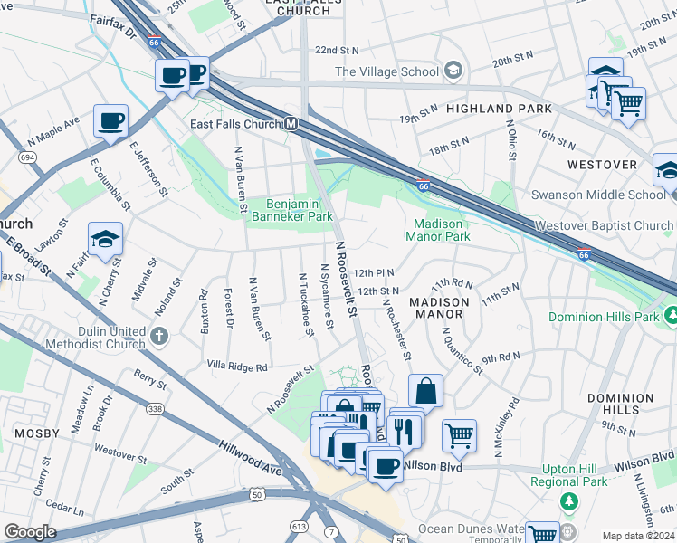 map of restaurants, bars, coffee shops, grocery stores, and more near 1204 North Roosevelt Street in Arlington