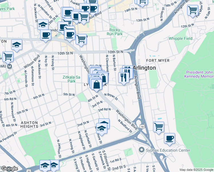 map of restaurants, bars, coffee shops, grocery stores, and more near 2602 North Pershing Drive in Arlington