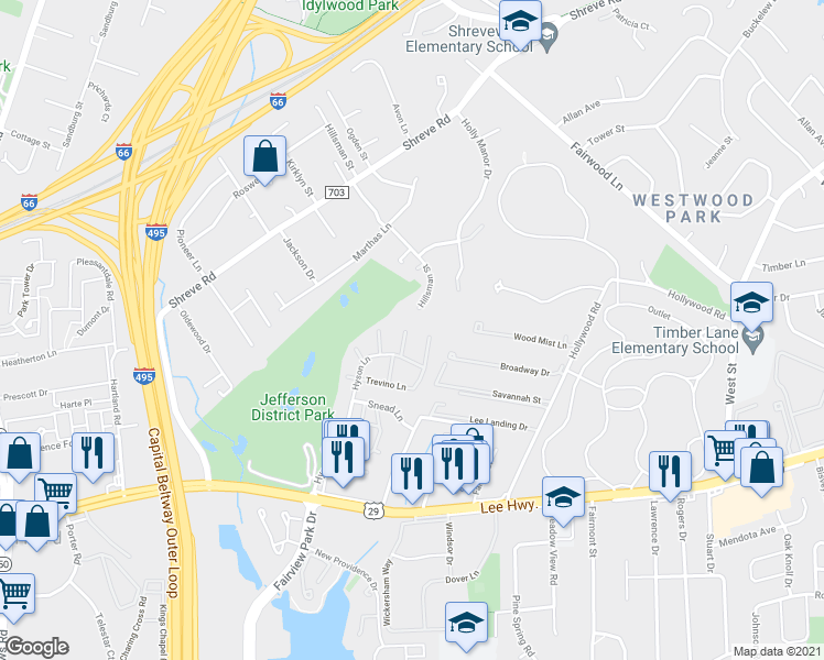 map of restaurants, bars, coffee shops, grocery stores, and more near 2757 Blocker Place in Falls Church