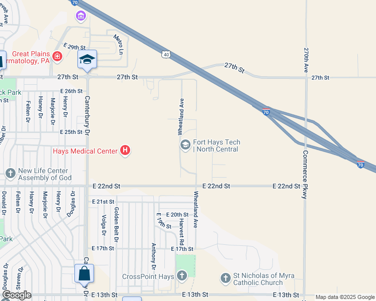 map of restaurants, bars, coffee shops, grocery stores, and more near 2201 Wheatland Avenue in Hays