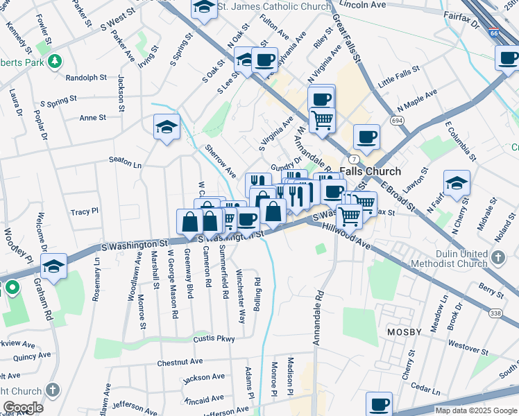 map of restaurants, bars, coffee shops, grocery stores, and more near 410 South Maple Avenue in Falls Church