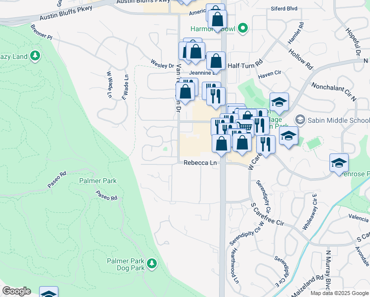 map of restaurants, bars, coffee shops, grocery stores, and more near 3630 Rebecca Lane in Colorado Springs