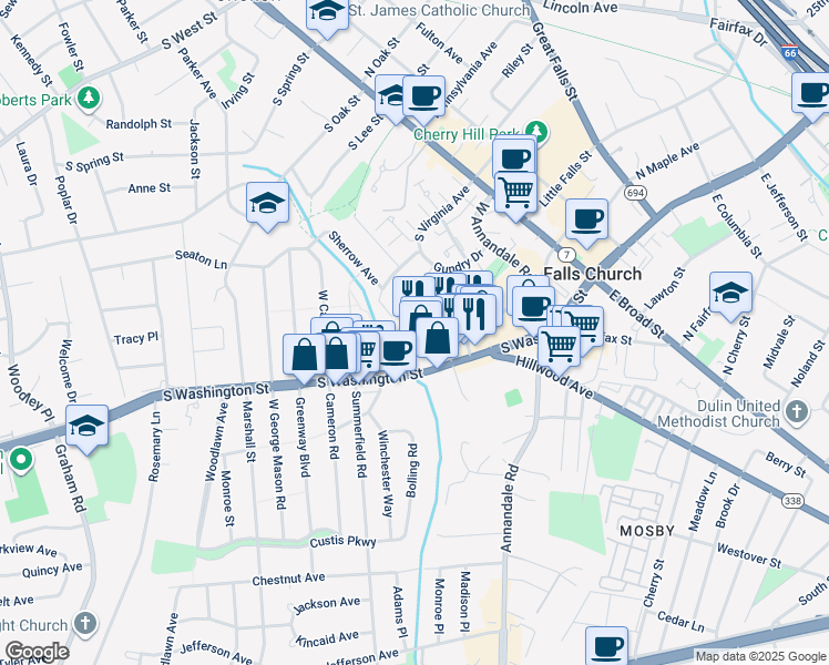 map of restaurants, bars, coffee shops, grocery stores, and more near 410 South Maple Avenue in Falls Church