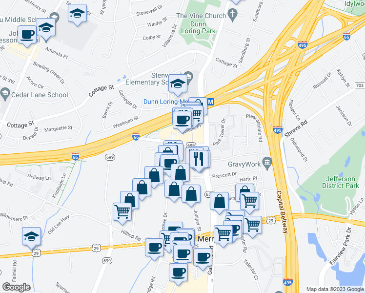 map of restaurants, bars, coffee shops, grocery stores, and more near 2655 Prosperity Avenue in Fairfax