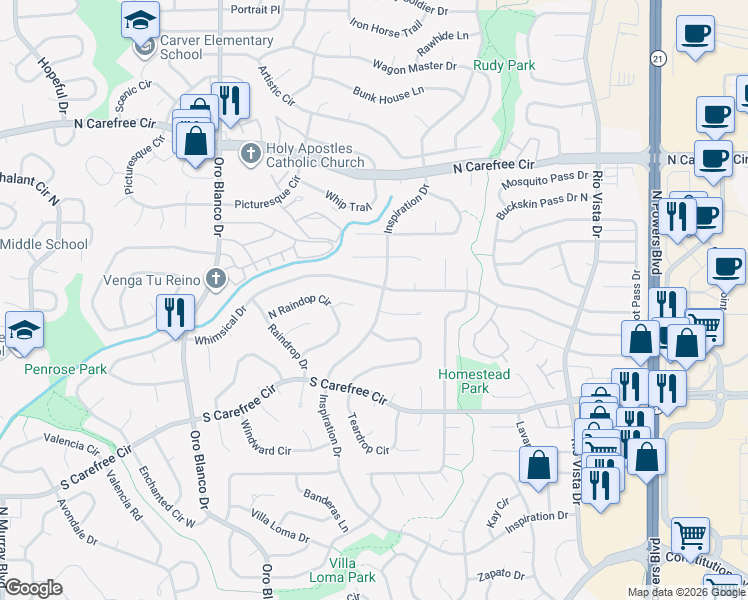 map of restaurants, bars, coffee shops, grocery stores, and more near 3325 Inspiration Drive in Colorado Springs
