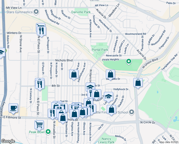 map of restaurants, bars, coffee shops, grocery stores, and more near 3212 North Hancock Avenue in Colorado Springs