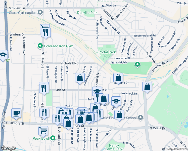 map of restaurants, bars, coffee shops, grocery stores, and more near 3212 North Hancock Avenue in Colorado Springs