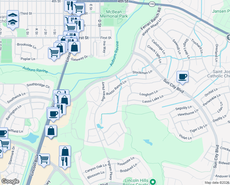 map of restaurants, bars, coffee shops, grocery stores, and more near 549 Rustic Ranch Lane in Lincoln