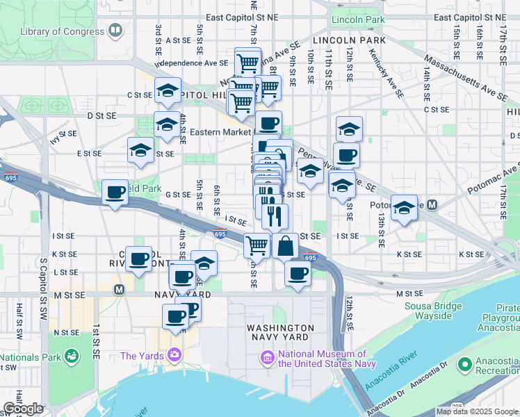 map of restaurants, bars, coffee shops, grocery stores, and more near 101 Independence Avenue Southeast in Washington