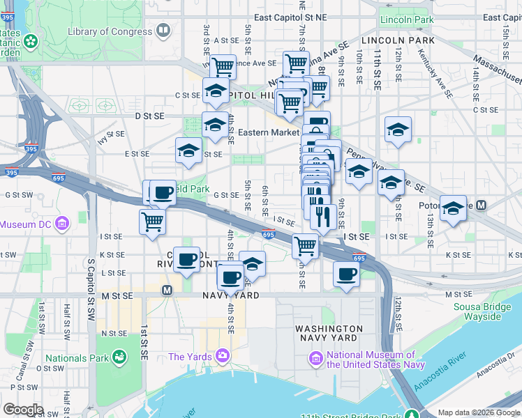 map of restaurants, bars, coffee shops, grocery stores, and more near 101 Independence Avenue Southeast in Washington
