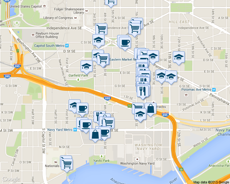 map of restaurants, bars, coffee shops, grocery stores, and more near 101 Independence Avenue Southeast in Washington