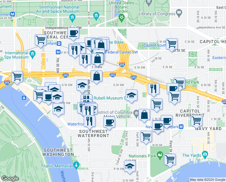 map of restaurants, bars, coffee shops, grocery stores, and more near 150 G Street Southwest in Washington