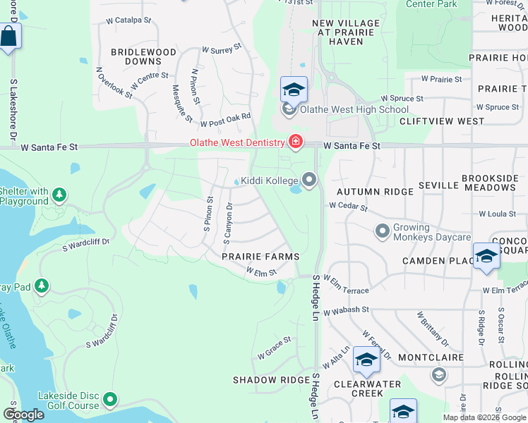 map of restaurants, bars, coffee shops, grocery stores, and more near 2335 West Concord Drive in Olathe