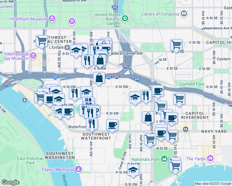 map of restaurants, bars, coffee shops, grocery stores, and more near 204 G Street Southwest in Washington