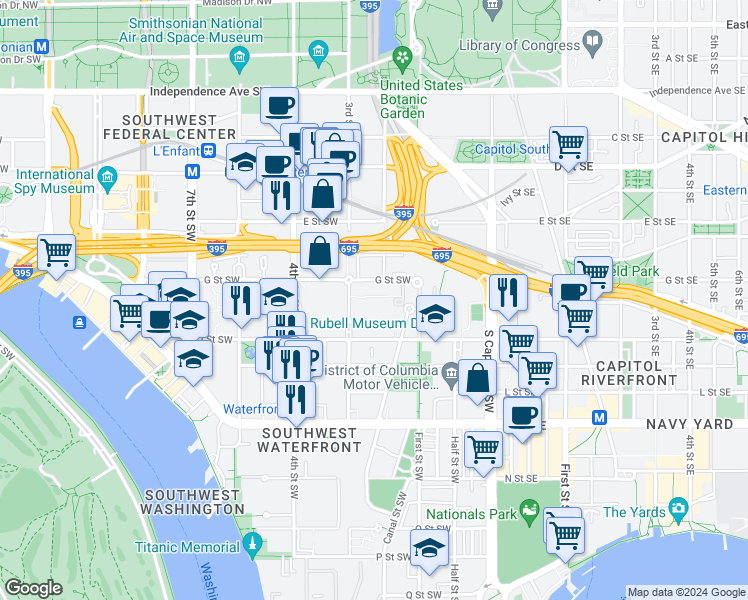 map of restaurants, bars, coffee shops, grocery stores, and more near 101 Independence Avenue Southeast in Washington