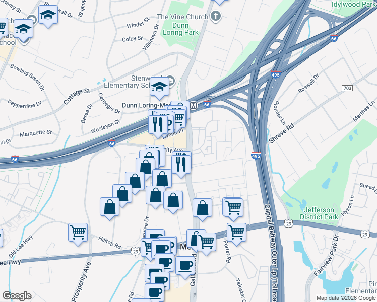 map of restaurants, bars, coffee shops, grocery stores, and more near Gallows Road & Prosperity Avenue in Merrifield