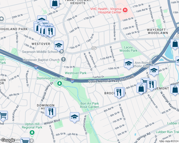 map of restaurants, bars, coffee shops, grocery stores, and more near 5701 10th Road North in Arlington