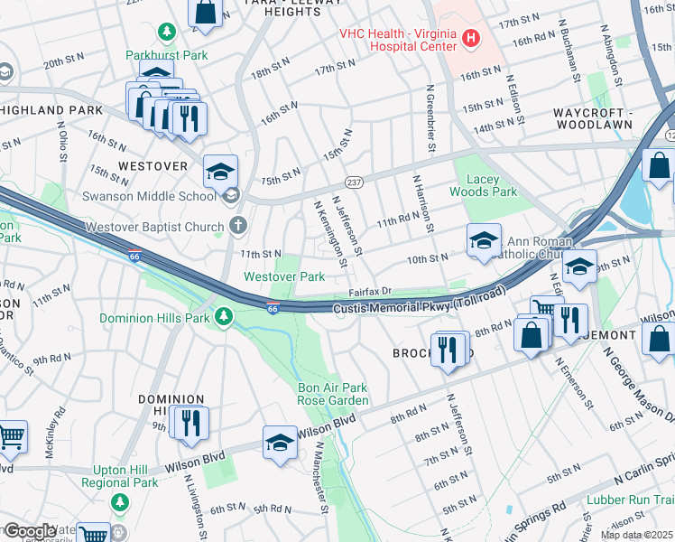 map of restaurants, bars, coffee shops, grocery stores, and more near 5701 10th Road North in Arlington