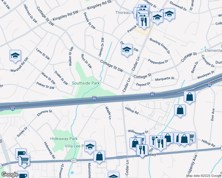 map of restaurants, bars, coffee shops, grocery stores, and more near 1412 Ross Drive Southwest in Vienna