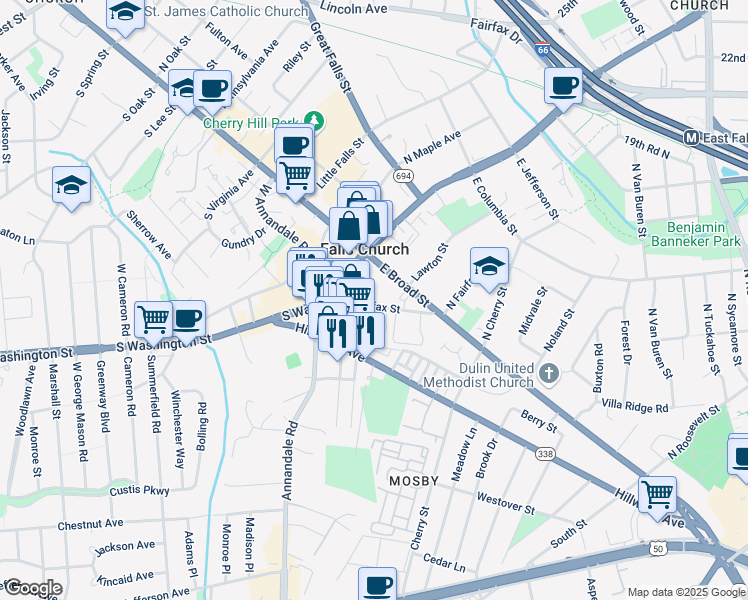 map of restaurants, bars, coffee shops, grocery stores, and more near 115 East Fairfax Street in Falls Church