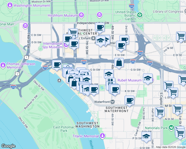 map of restaurants, bars, coffee shops, grocery stores, and more near 101 Independence Avenue Southeast in Washington