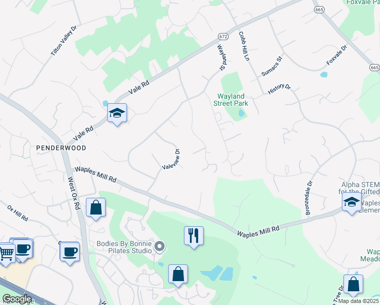 map of restaurants, bars, coffee shops, grocery stores, and more near 3440 Valewood Drive in Oakton