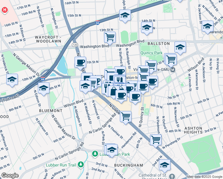 map of restaurants, bars, coffee shops, grocery stores, and more near 900 North Stuart Street in Arlington