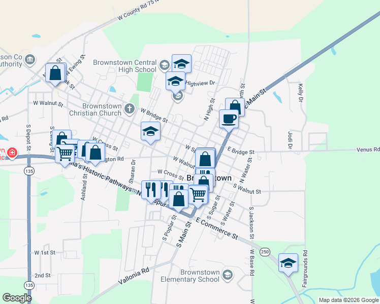 map of restaurants, bars, coffee shops, grocery stores, and more near 110 North Poplar Street in Brownstown