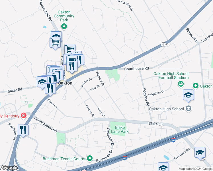 map of restaurants, bars, coffee shops, grocery stores, and more near 2905 Hibbard Street in Oakton